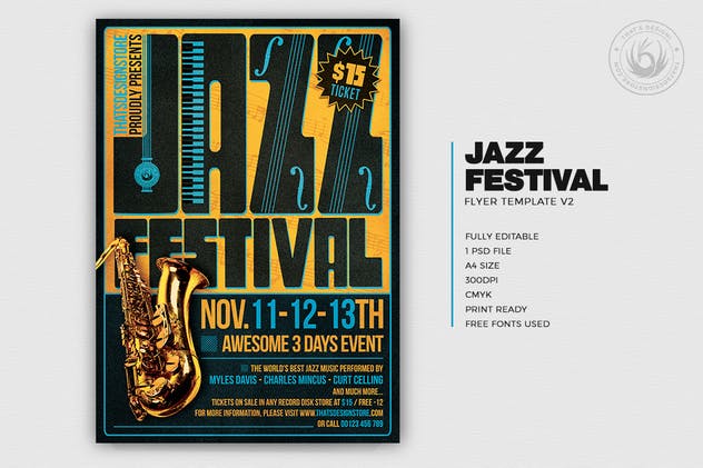 爵士音乐会活动海报模板设计v2 Jazz Festival Flyer Template V2插图(1)
