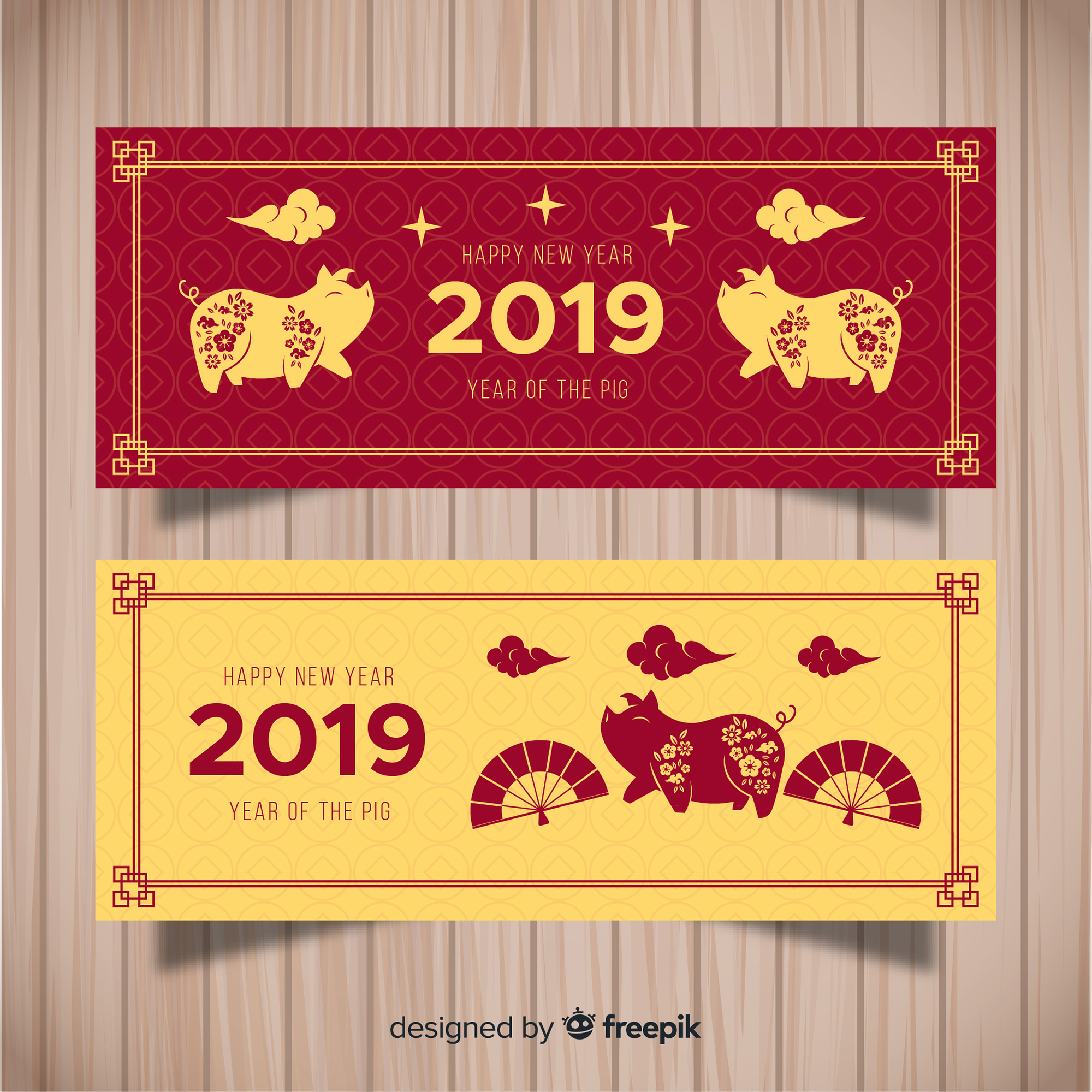 时尚高端简约2019猪年新年中国风海报banner设计模板插图