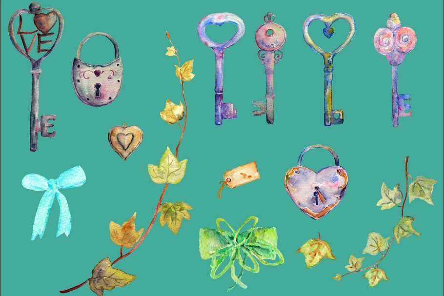 复古锁、钥匙&心形水彩图案 Watercolor Vintage Lock Key Heart插图
