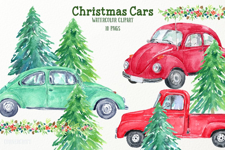 圣诞节主题汽车水彩剪切画 Watercolour Christmas Cars插图(1)