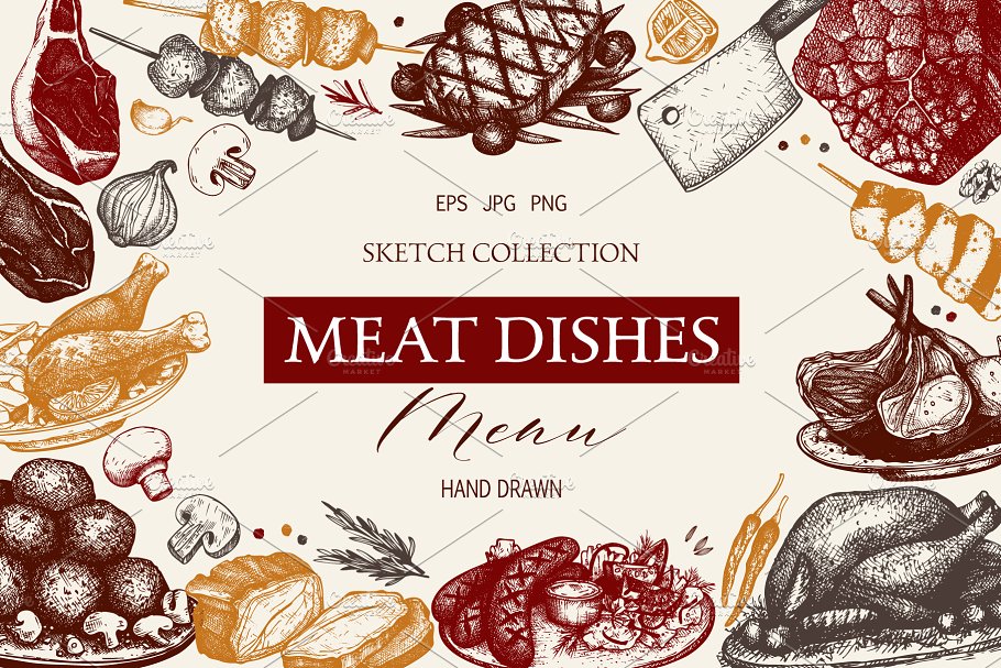 复古风格肉类菜肴设计菜单 Vintage Meat Dishes Design Menu插图