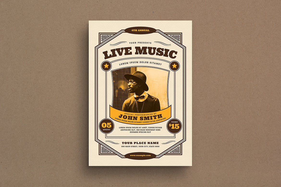 复古风格音乐演出活动海报传单设计模板 Vintage Live Music Event Flyer插图(1)