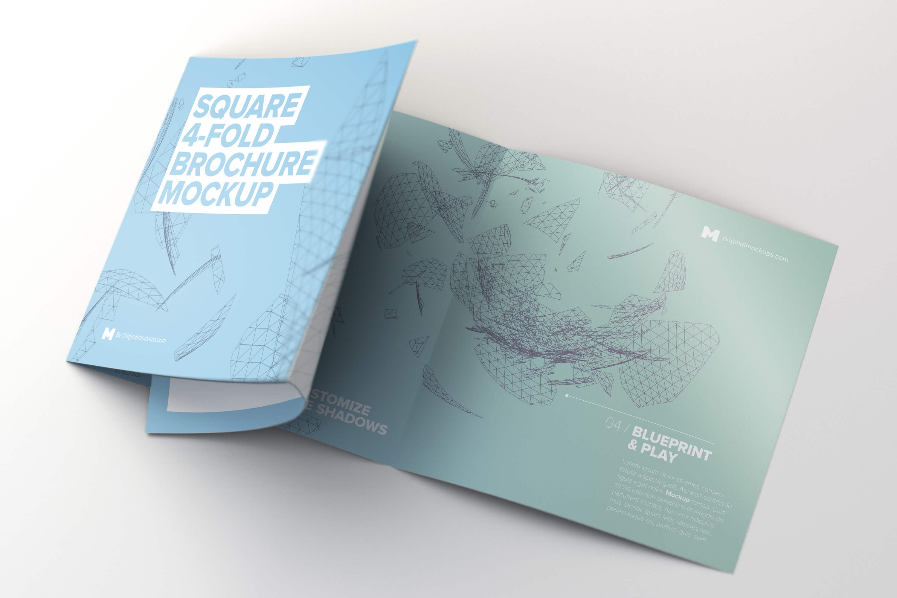 展开方形四折页小册子/传单设计展开效果样机 Unfolding Square 4-Fold Brochure Mockup插图