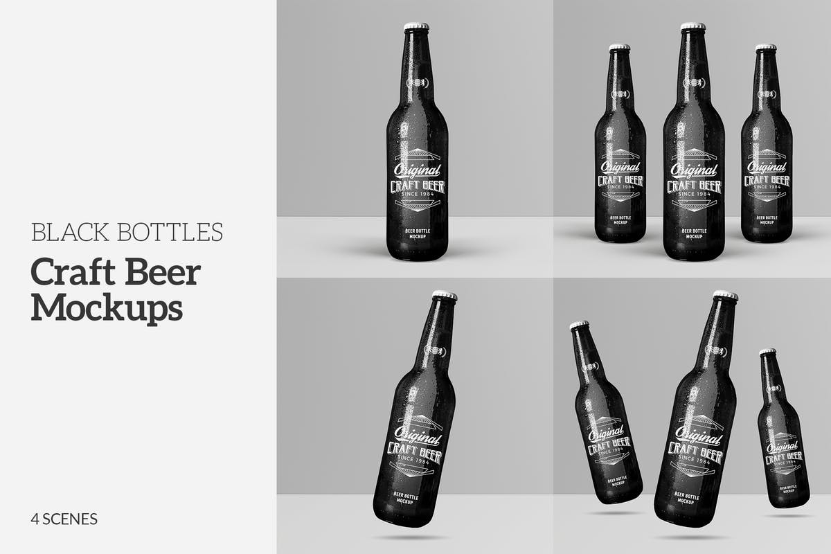 黑色精酿啤酒瓶外观设计样机模板 Craft Beer Black Bottle Mockups插图