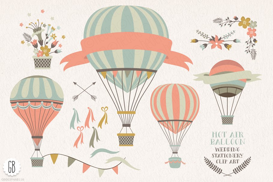 热气球与花卉剪贴画艺术 Hot air balloon flowers clip art插图