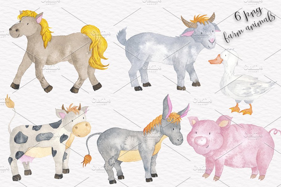 手绘水彩农场卡通小孩无缝插图 Farm Animals & Kids Collection插图(2)