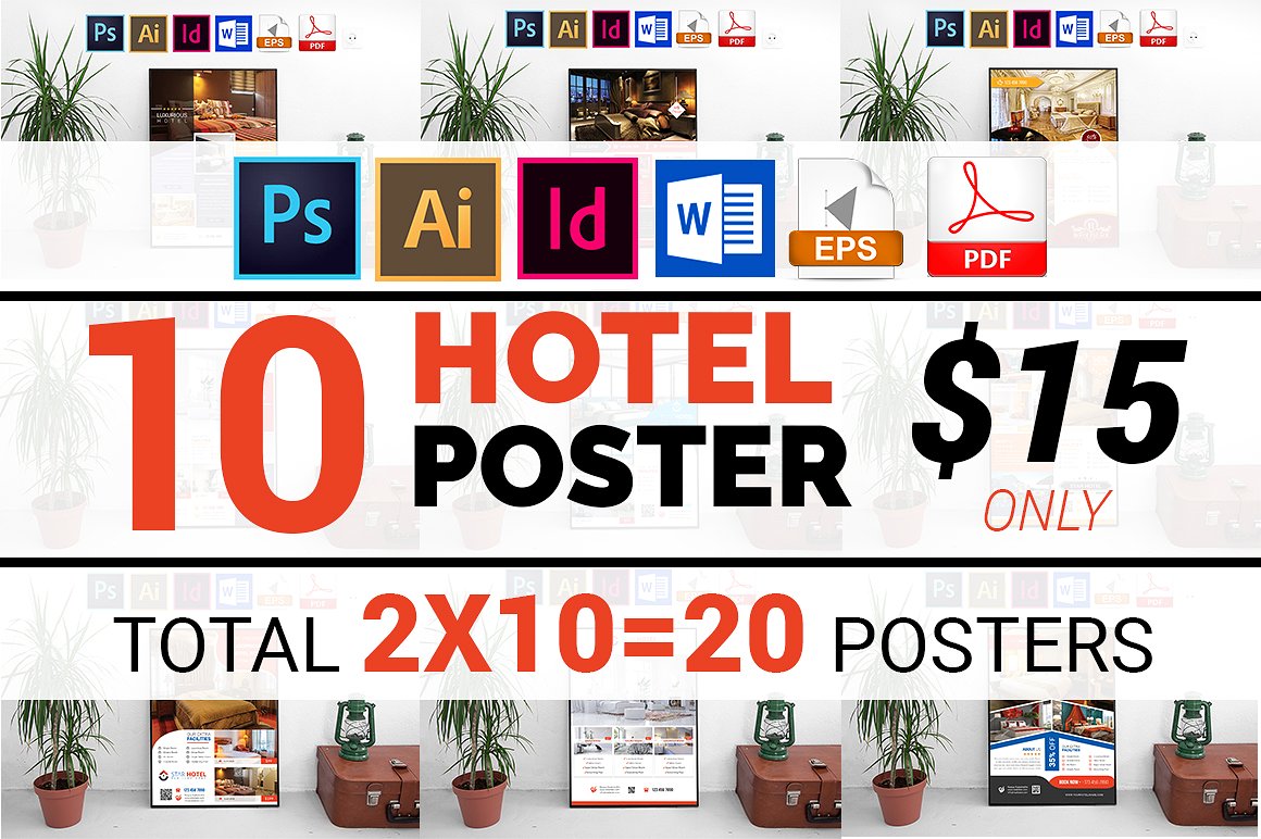 10款酒店宣传海报模板合辑下载 10 Hotel Poster Bundle [ai,psd,indd]插图