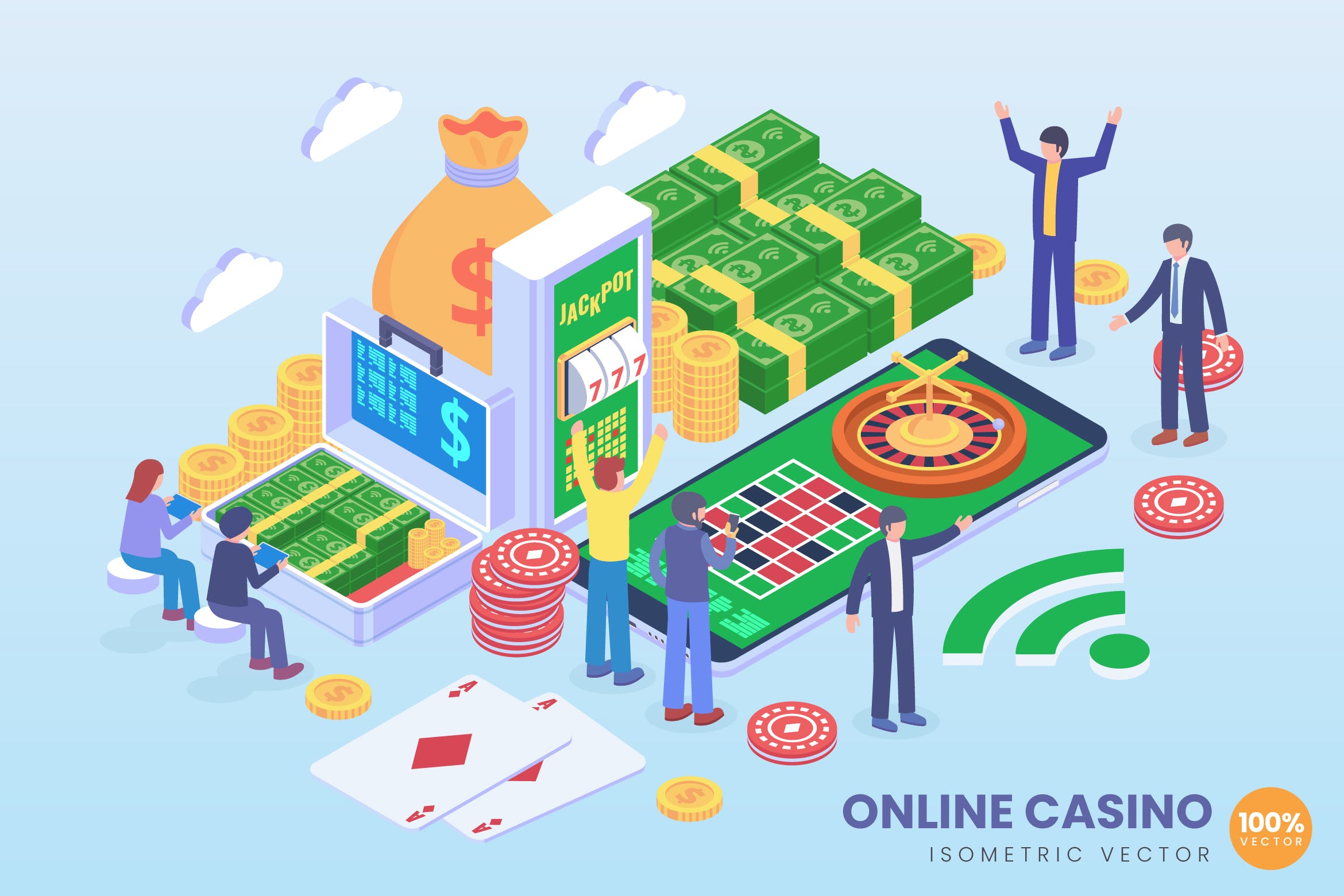 在线赌场博彩场景等距矢量概念插画素材 Isometric Online Casino Technology Vector Concept插图