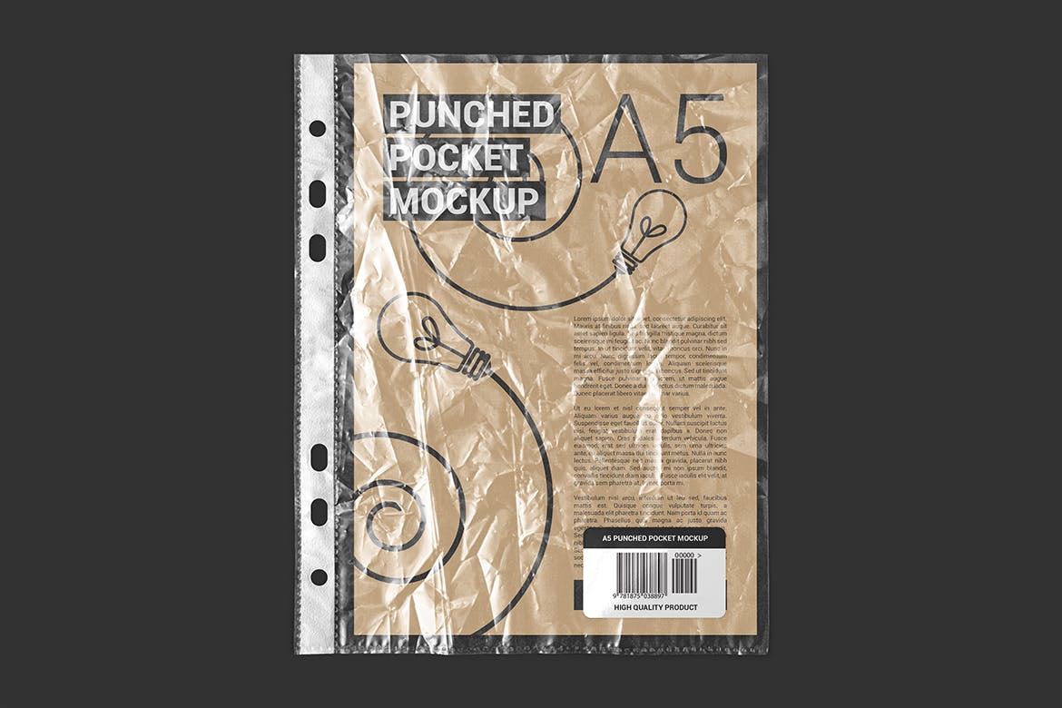文件纸张穿孔塑料袋设计效果图样机模板 Punched Pocket For A5 Paper Size Mockup插图(1)
