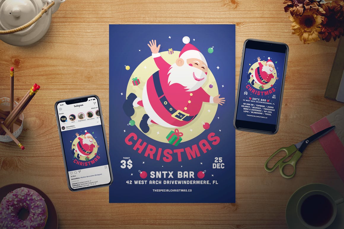 圣诞老人手绘圣诞节主题海报传单模板 Christmas Flyer Set插图(1)