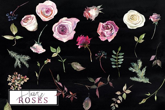 霜白玫瑰花水彩画设计素材 Frosty Roses Watercolor Flowers Set插图(15)
