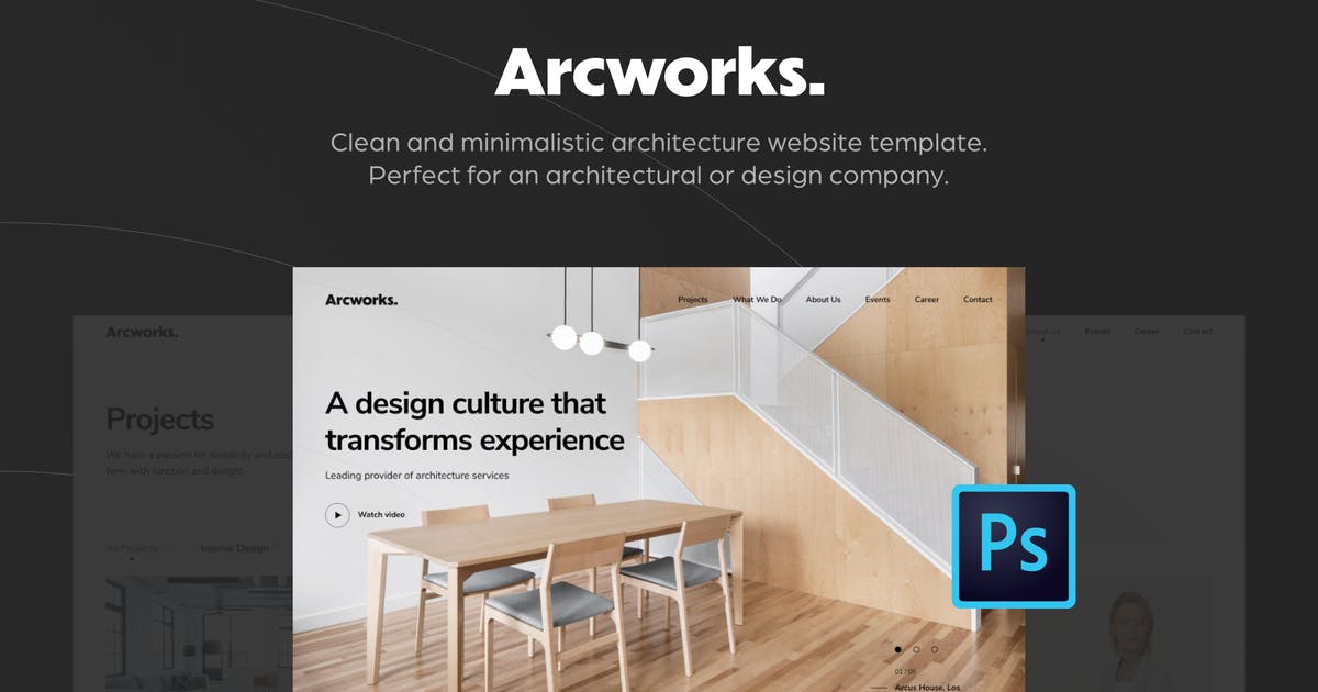 室内装修设计公司品牌网站设计PSD模板 Arcworks — Architecture Firm PSD Template插图