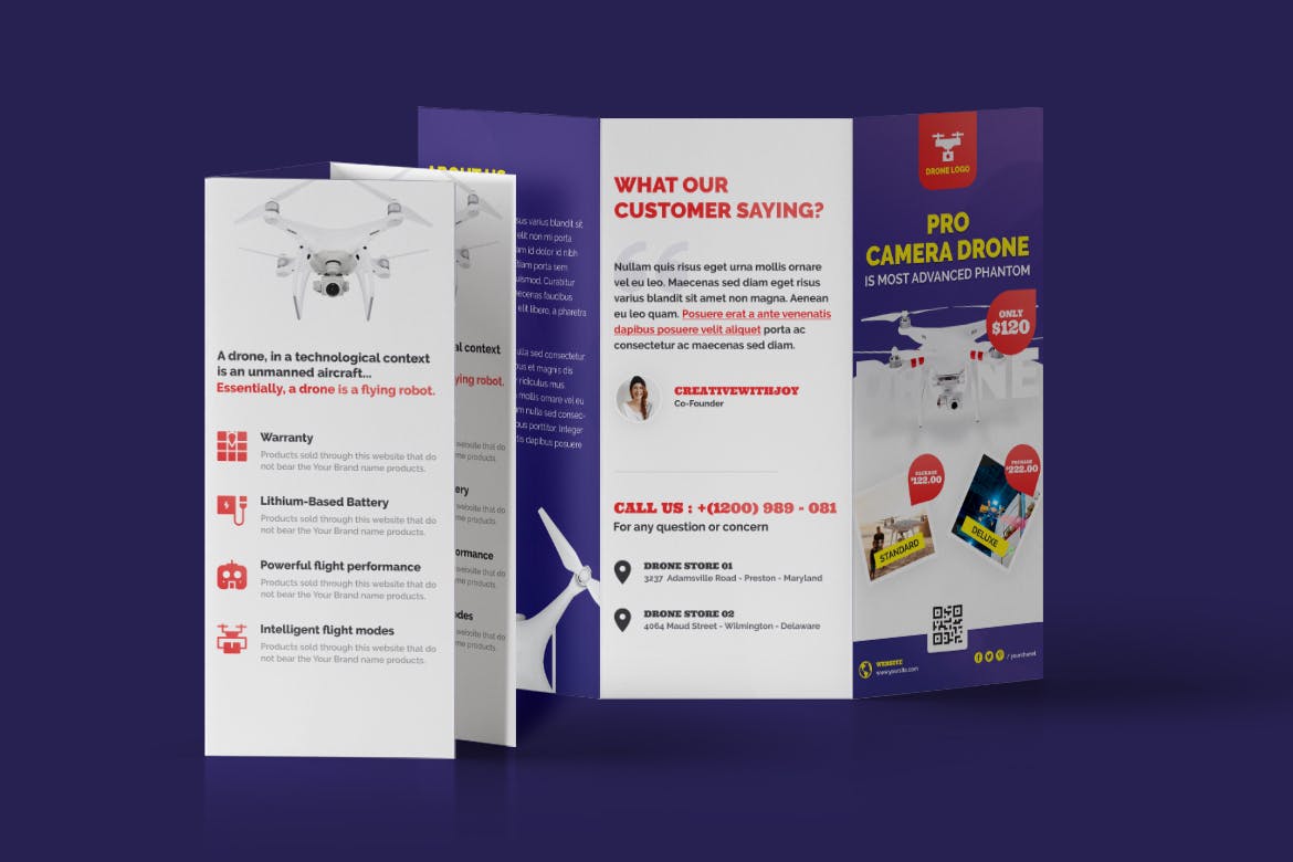 无人机产品展示三折页传单设计模板 Drone Product Showcase Tri-Fold Brochure插图(1)