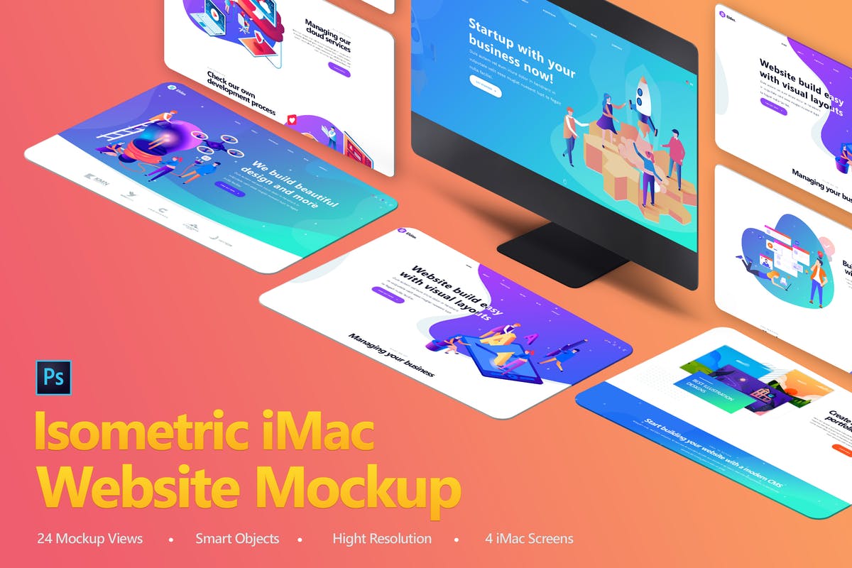设计师必备等距iMac电脑网页设计展示样机套装 Isometric iMas Website Mockup插图
