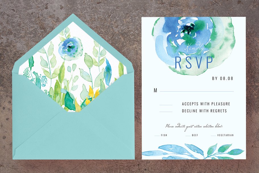 蓝色婚礼邀请函设计模板 Blue Wedding Invitation pack插图(1)