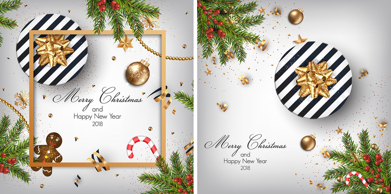 冬天设计的时髦的现代圣诞快乐和新年快乐2019卡片与金黄装饰品海报宣传单DM设计模板插图(1)