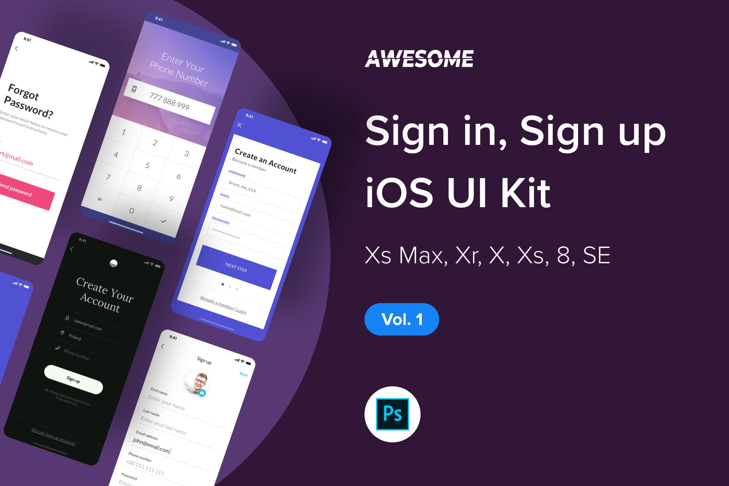 iOS应用APP注册登录交互界面设计UI套件PSD模板v1 Awesome iOS UI Kit – Sign in, Sign up Vol. 1 (PSD)插图