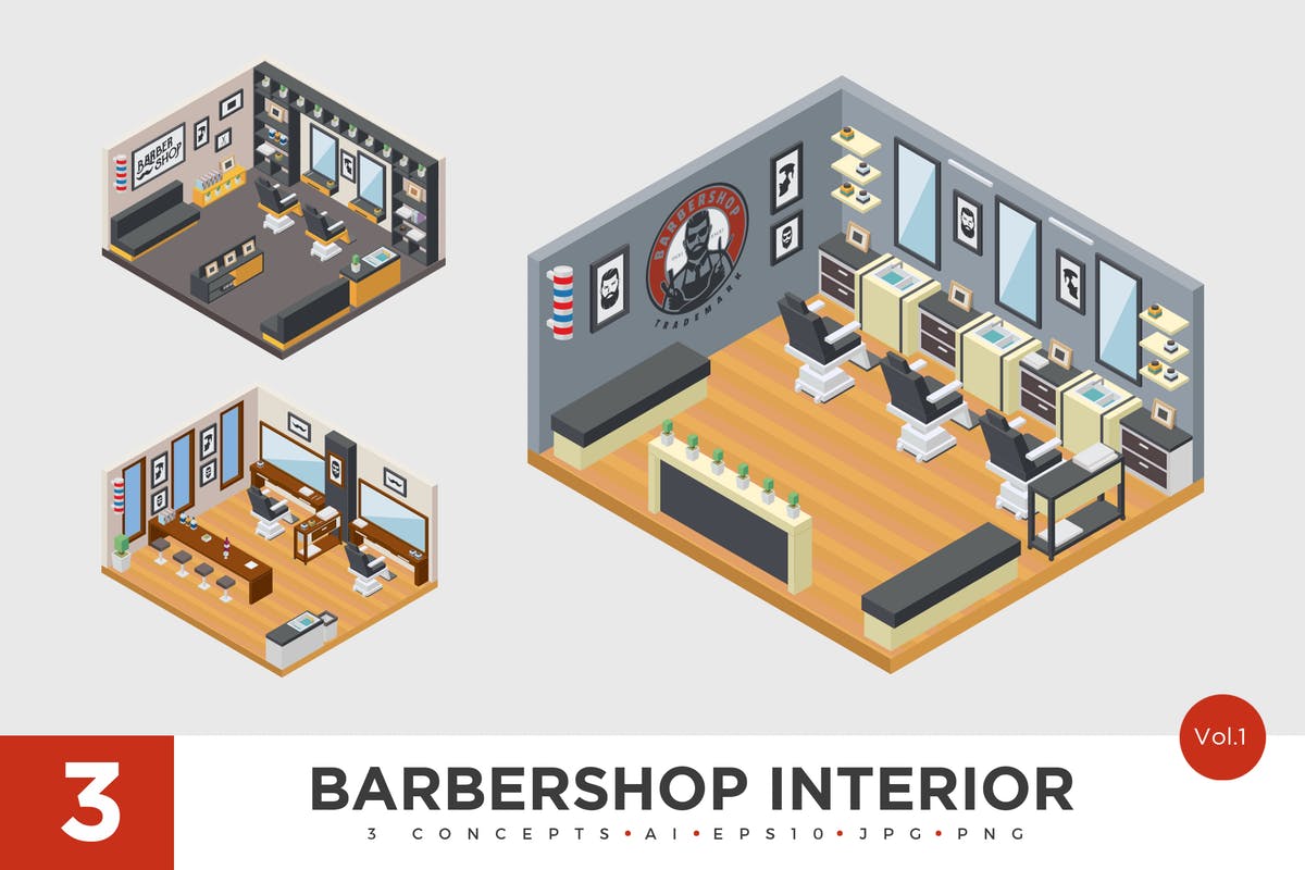 理发美发店2.5D等距概念场景插画素材v1 3 Isometric Barbershop Interior Vector Set 1插图