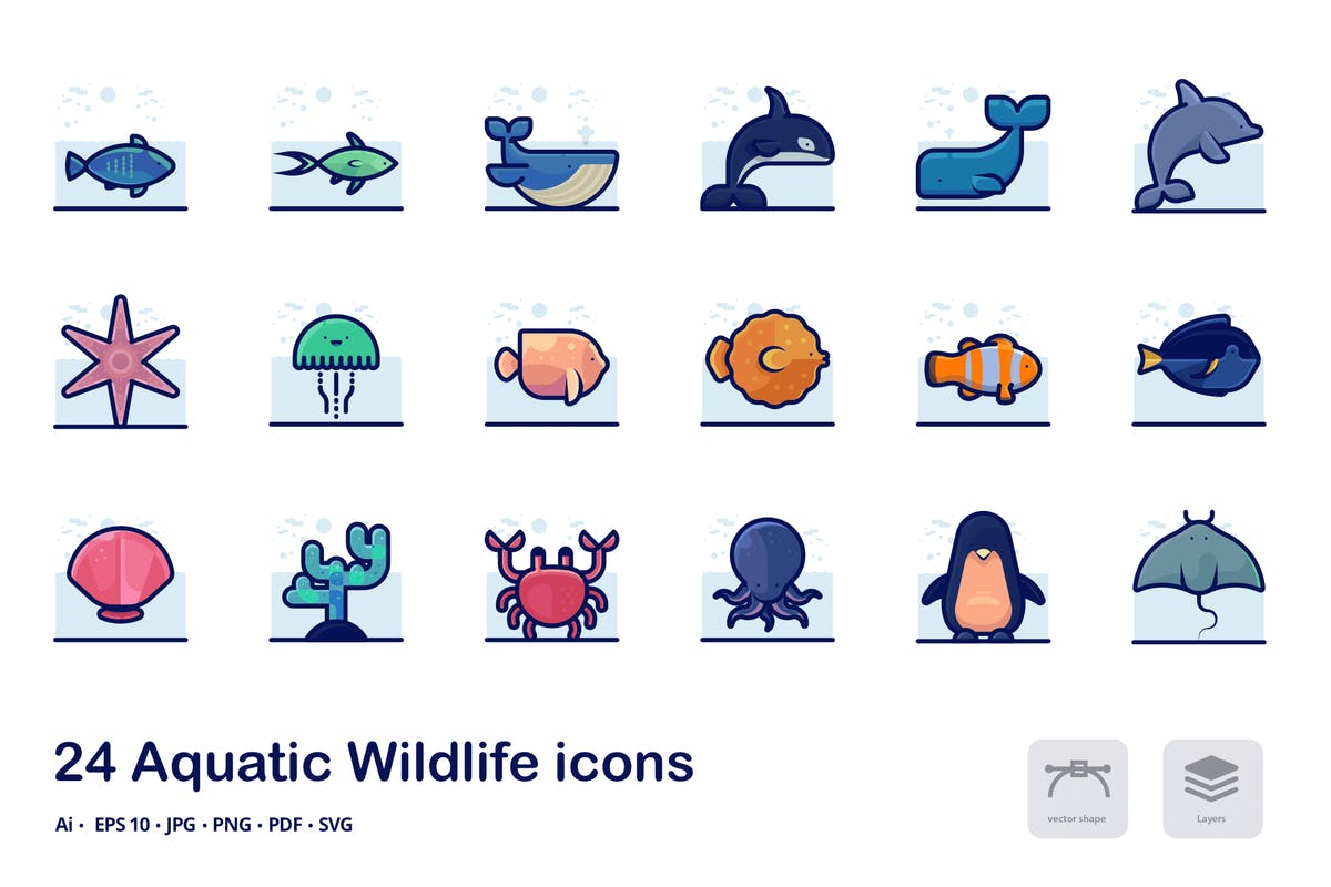 海洋水生野生动物矢量描边图标合集 Aquatic Wildlife Detailed filled outline icons插图