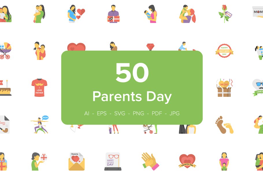50枚亲子主题扁平设计风格图标 50 Flat Icons of Parents Day插图