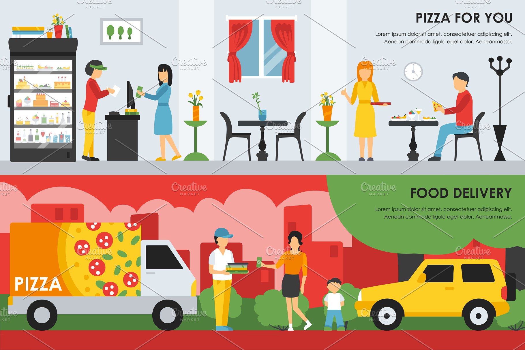 外卖&披萨餐厅内部展示服务概念平面插图 Pizzeria Flat Interiors 9 sets插图
