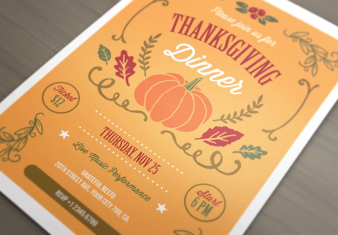 感恩节晚宴活动海报设计模板 Thanksgiving Dinner插图(1)