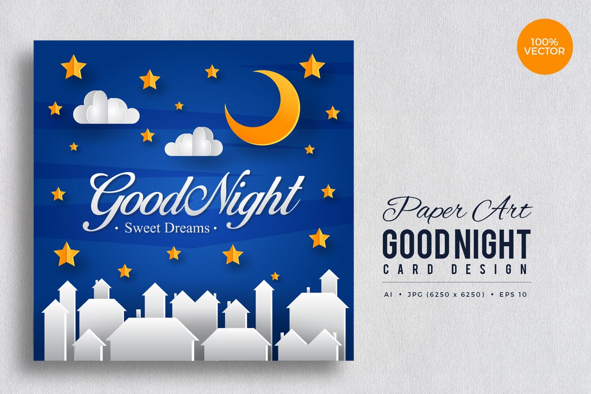 剪纸艺术晚安贺卡矢量模板v2 Paper Art Good Night Vector Card Vol.2插图