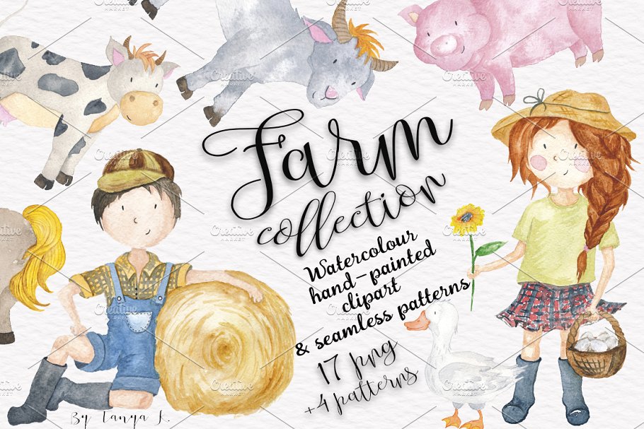 手绘水彩农场卡通小孩无缝插图 Farm Animals & Kids Collection插图