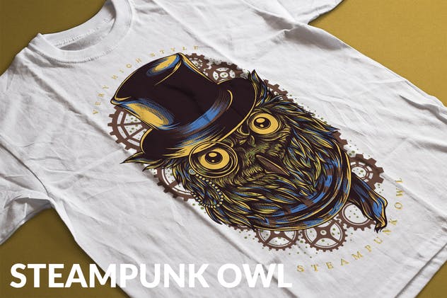 蒸汽朋克猫头鹰手绘T恤印花设计 Steampunk Owl插图(1)