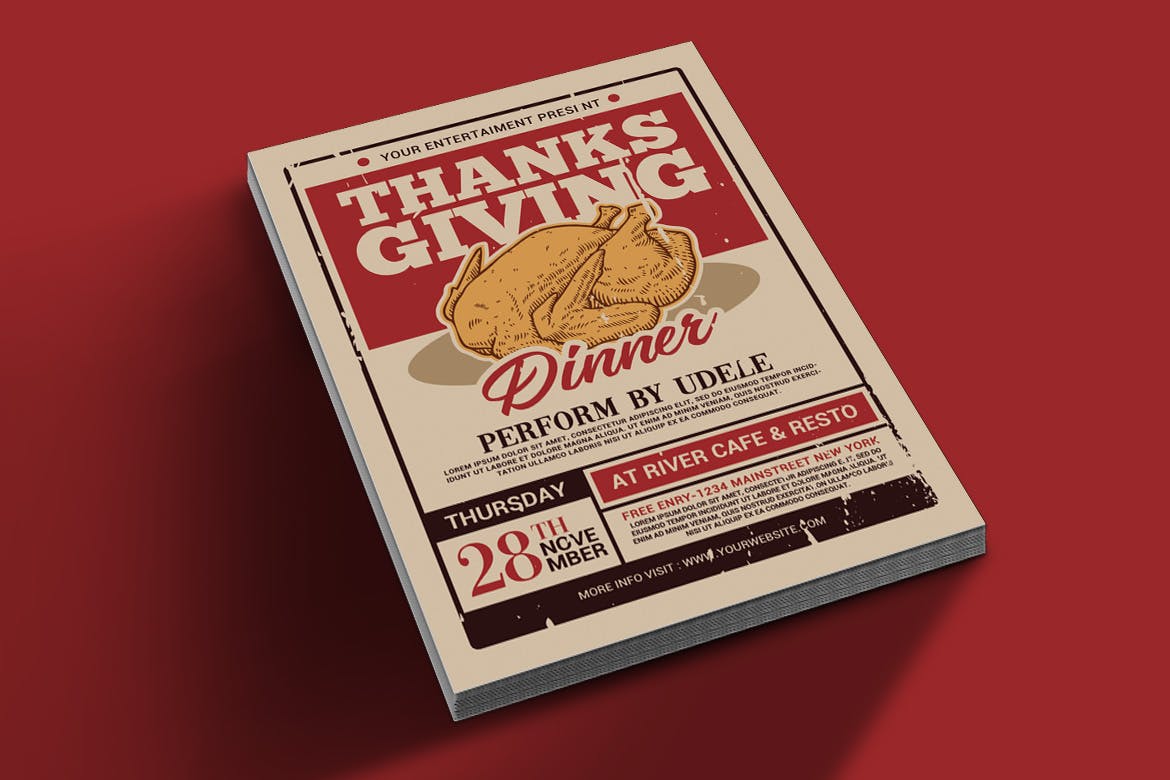 复古风感恩节晚宴活动海报传单模板 Thanksgiving Dinner Flyer插图(1)