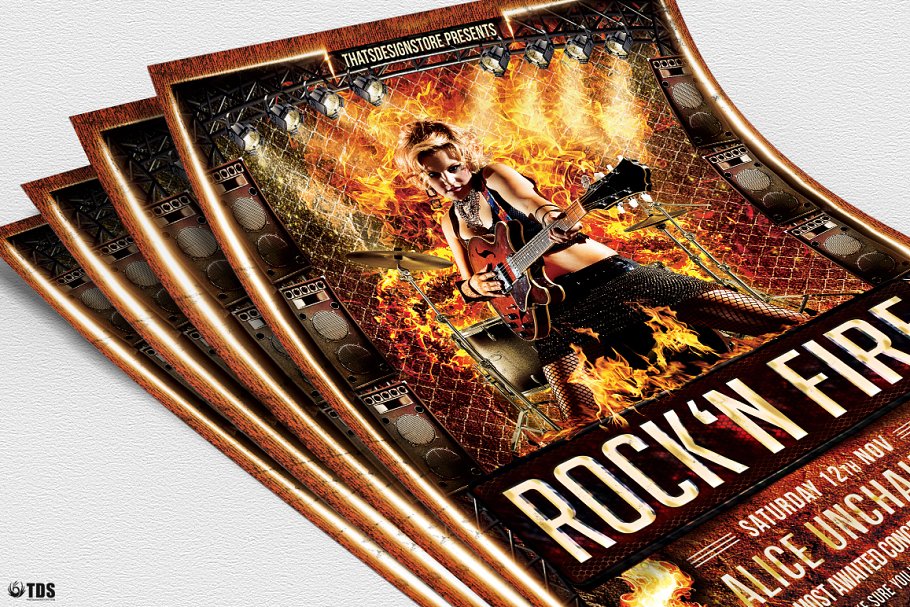 热血沸腾摇滚音乐活动海报传单设计PSD模板 Rock’N Fire Live Flyer PSD插图(4)