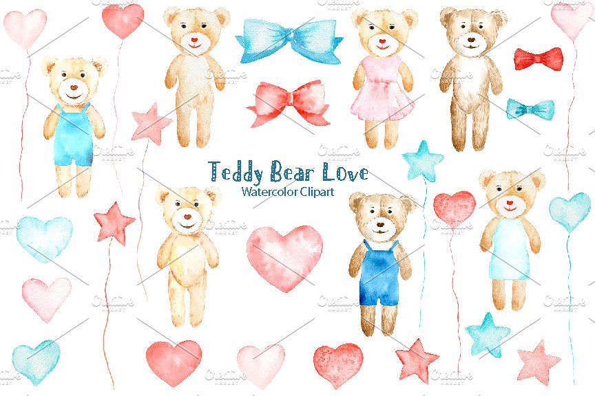 可爱水彩手绘泰迪熊剪贴画 Watercolor Clipart Teddy Bear Love插图(1)