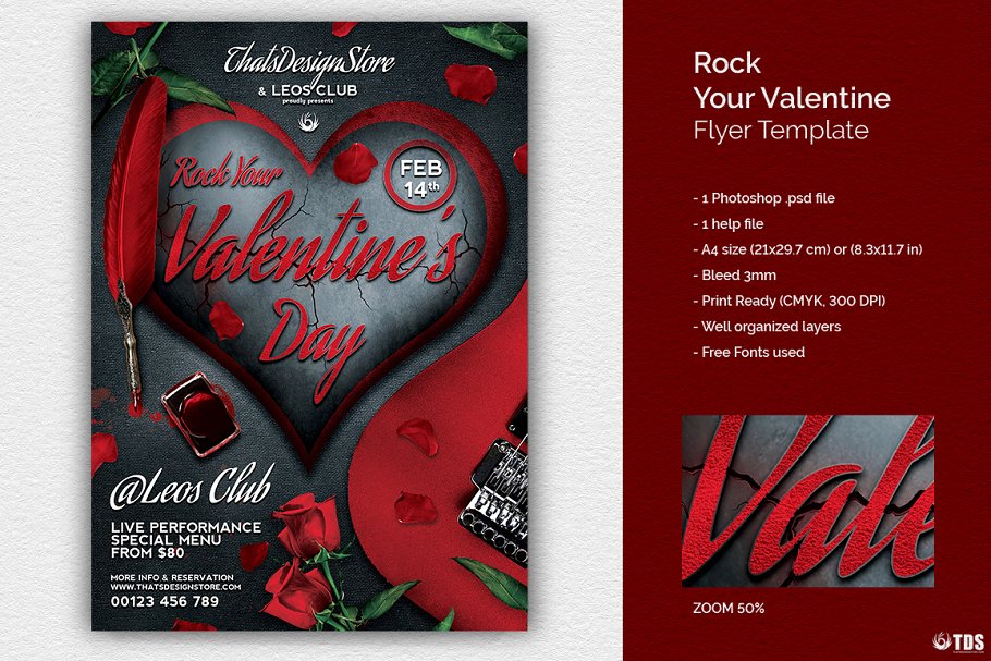 深红色情人节主题传单PSD模板 Rock Your Valentine Flyer PSD插图