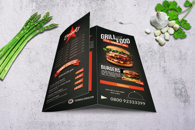 烧烤吧主题餐厅三折页食物菜单模板 Grill BBQ Trifold Food Menu插图(3)