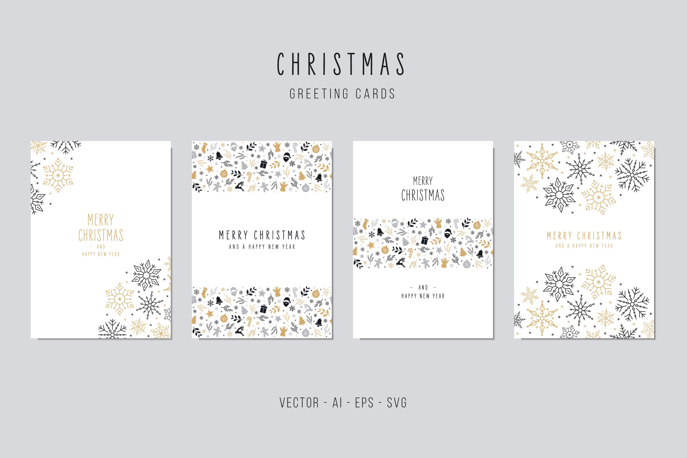 创意雪花手绘圣诞节贺卡矢量设计模板集v3 Christmas Greeting Vector Card Set插图