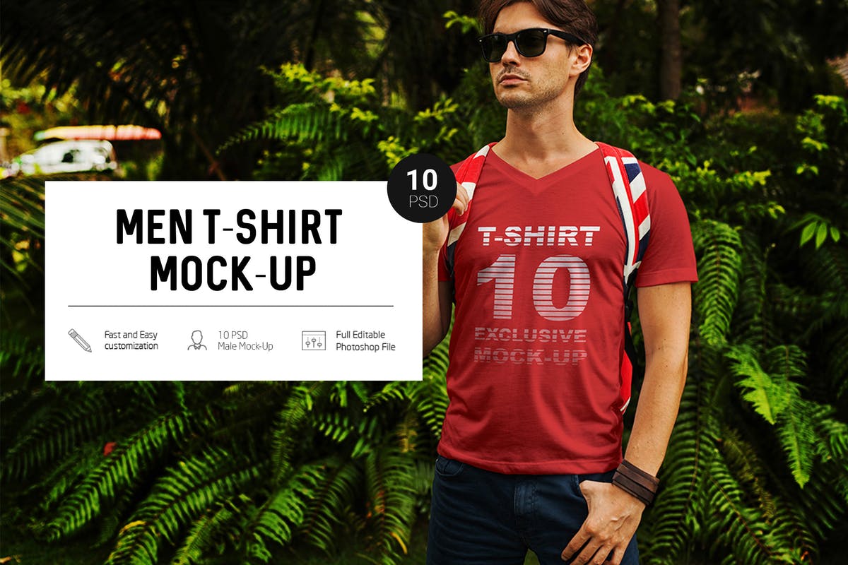热带雨林背景男模特T恤上身效果样机 Men in Tropic T-Shirt Mock-Up插图