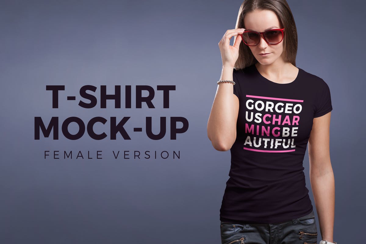 欧美模特上身效果圆形T恤服装样机模板 Crew Neck T-shirt Mock-up Female Version插图