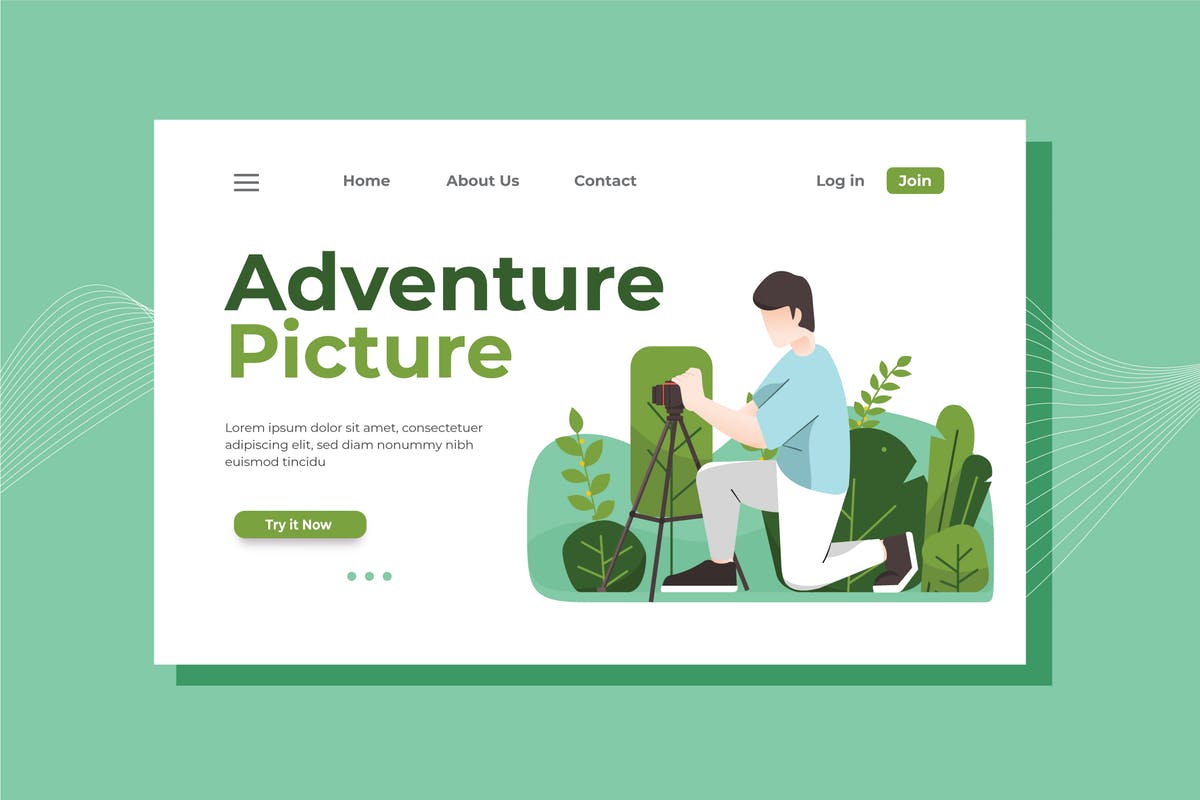 野外冒险摄影插图网站着陆页设计模板 Adventure Picture Landing Page Illustration插图
