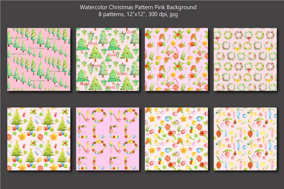 圣诞节主题水彩图案花纹素材 Watercolor Christmas Pattern Pink插图