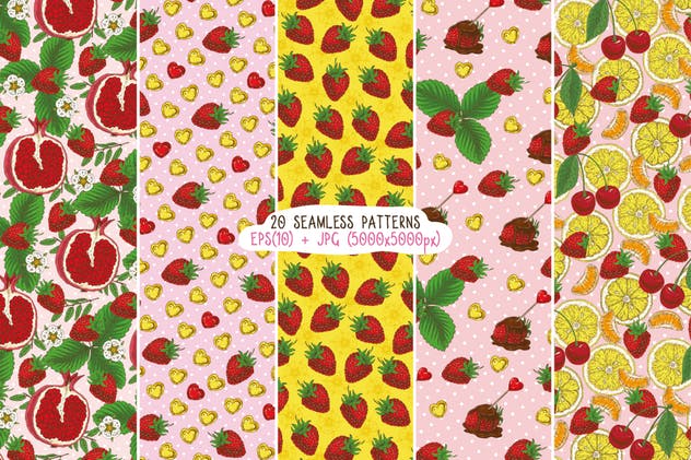 20款手绘水果图案无缝纹理 Fruits Seamless Patterns Set插图(1)