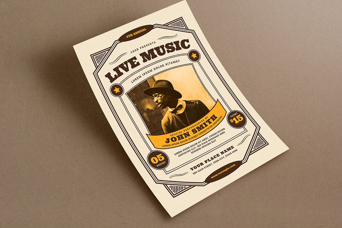 复古风格音乐演出活动海报传单设计模板 Vintage Live Music Event Flyer插图(3)