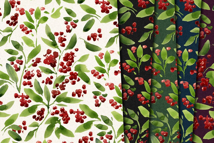 圣诞主题水彩植物花卉图案纹理 Watercolor pattern,christmas插图(1)
