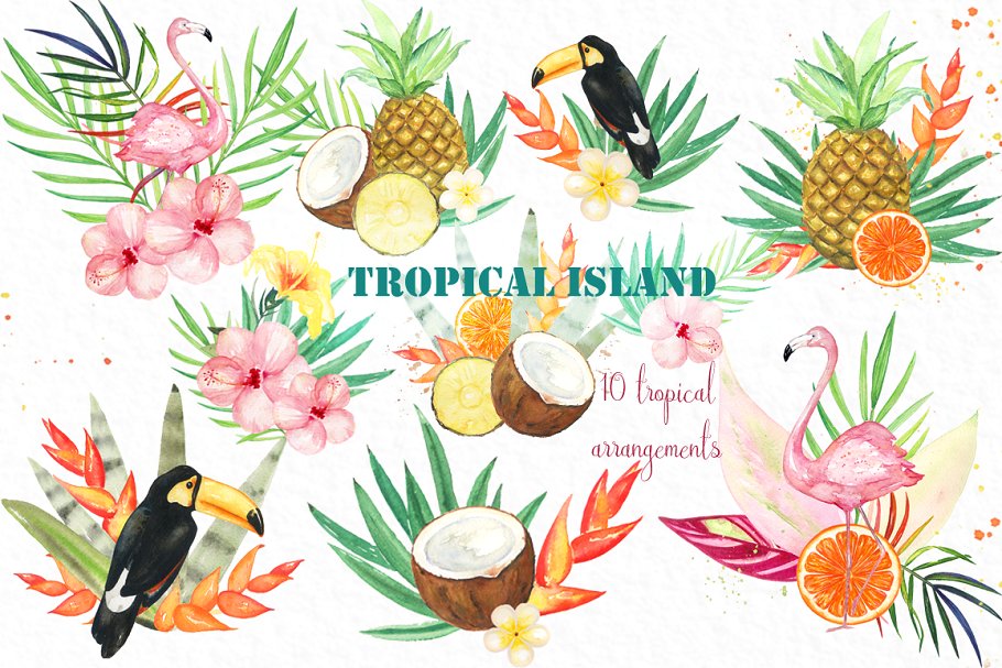 热带岛屿水彩剪贴画 Tropical islands. watercolor clipart插图(2)