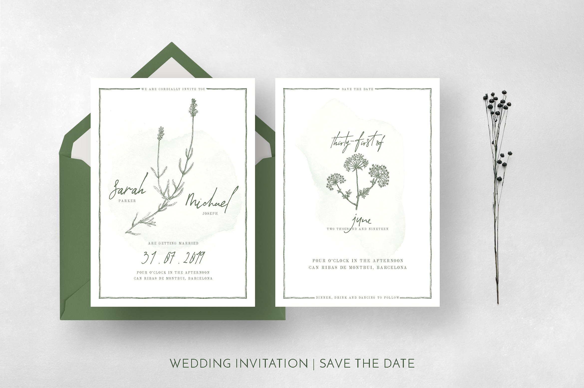 简单而优雅的自然素材婚礼请柬设计模板 Natural Floral Wedding Suite插图(4)
