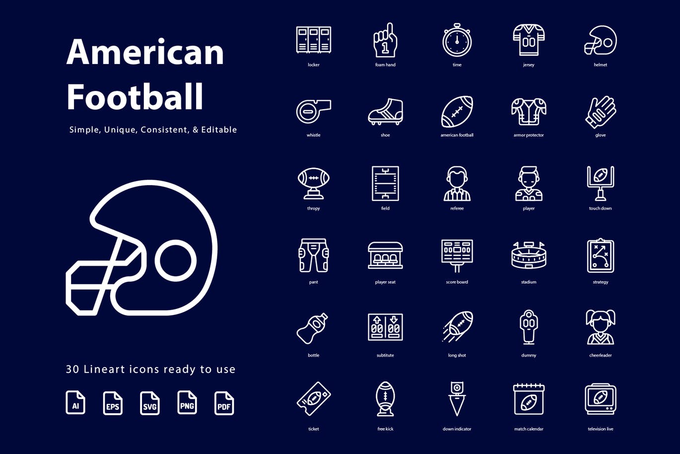 体育运动-美式足球橄榄球主题线性图标 American Football (Line)插图(2)