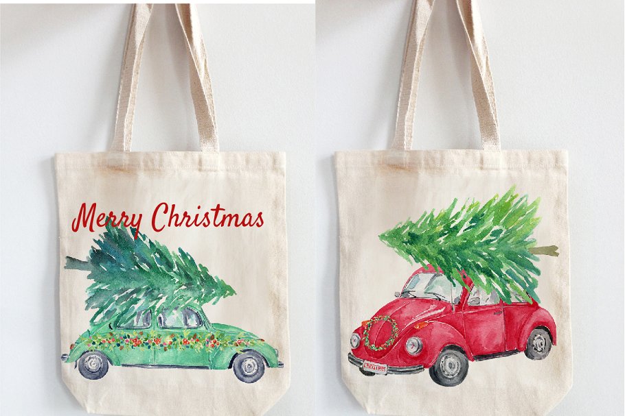 圣诞节主题汽车水彩剪切画 Watercolour Christmas Cars插图(3)