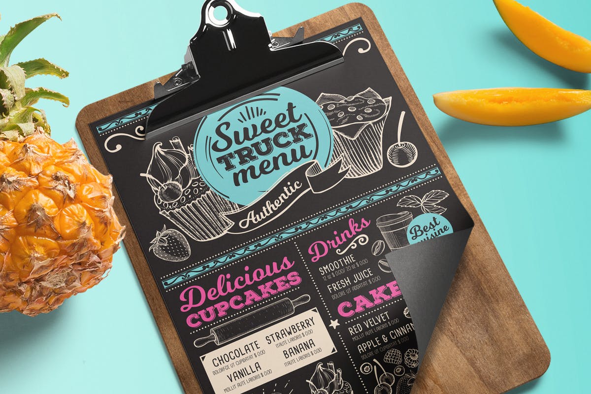 甜品食物面包店粉笔画风格菜单设计模板 Sweet Truck Menu插图