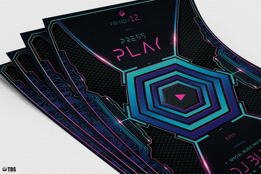 科技感DJ音乐派对海报传单模板 Press Play Flyer PSD插图(4)