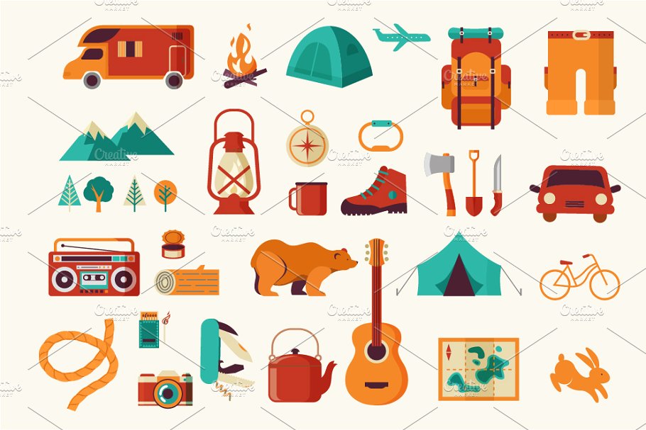 生存工具包图标和露营信息图 Survival Kit, camping infographics插图(1)