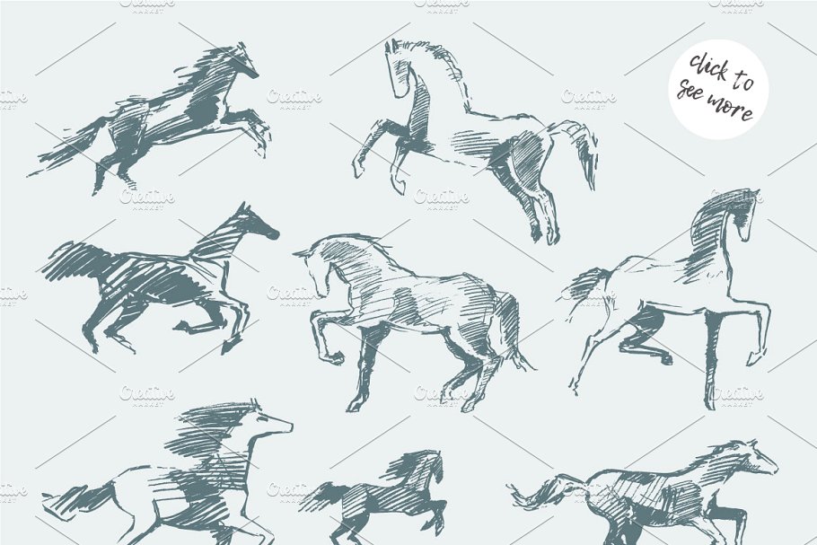 一套简笔手绘马矢量图  Set of hand drawn horses插图(1)